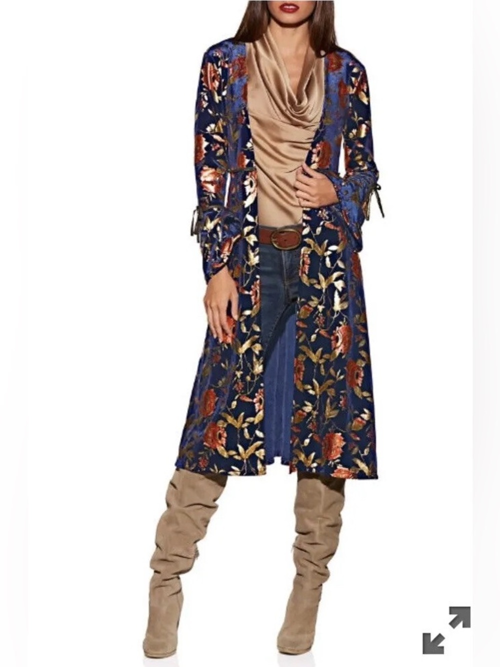 Bagatelle Navy Velvet Floral Metallic Bohemian Glam Ethereal Duster Extra Small